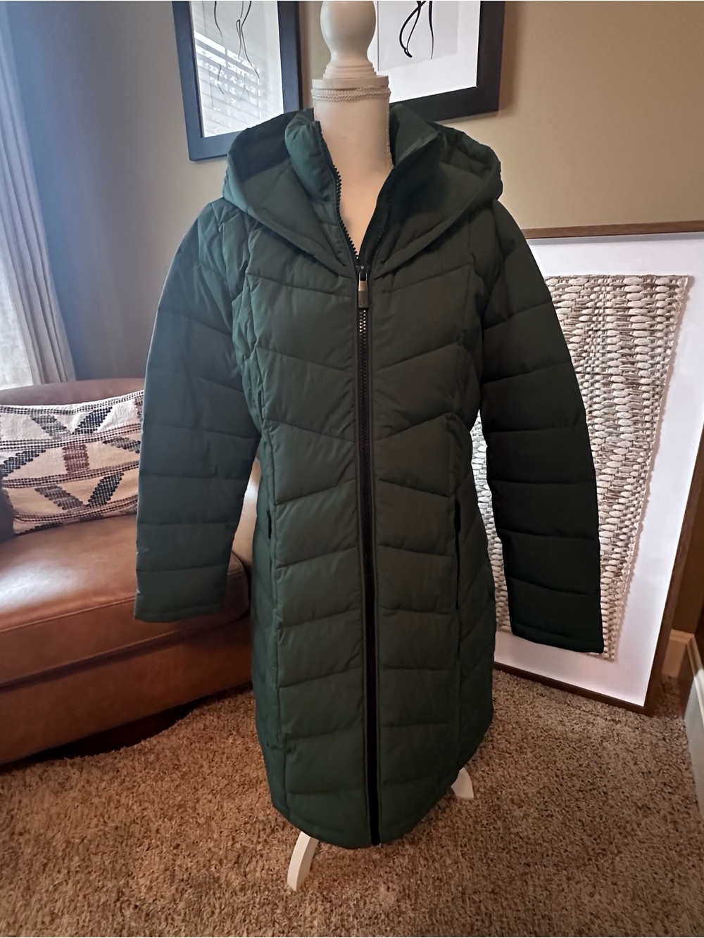 Calvin Klein Forest Green Hooded Long Puffer Coat